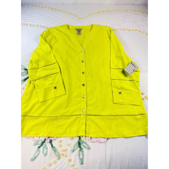 MULTIPLES‎ Womens Neon Yellow Linen Blend Button Front V-Neck Shirt Tunic Top 3X - Picture 2 of 10
